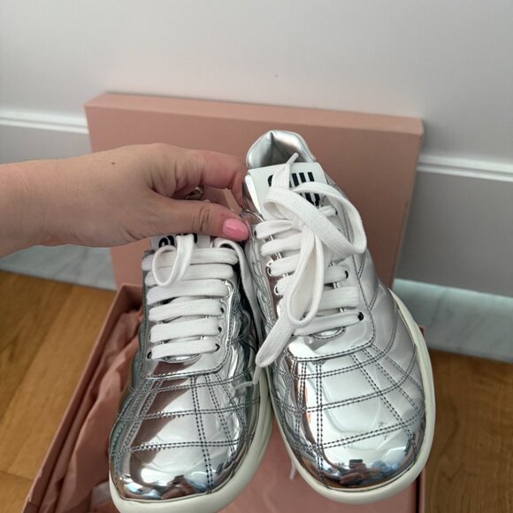 NWT Miu Miu Low Top Sneakers Metallic Silver Chunky Rubber Sole Stitching - Picture 7 of 11